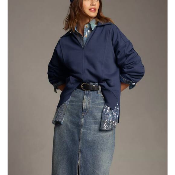 ANTHROPOLOGIE PILCRO Blue Johnny Collar Pullover Roomy Sweatshirt Women's MEDIUM - Picture 13 of 13